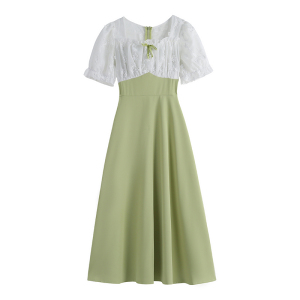 RM13289#夏季新款蕾丝拼接法式复古绿色显白显瘦方领温柔风连衣裙
