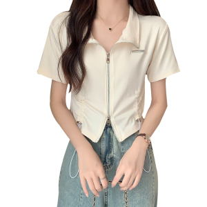 RM12654#人棉莫代尔夏季新款设计小众双拉链抽绳短款短袖立领T恤女