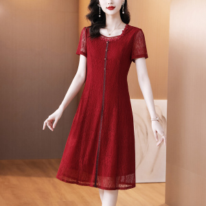 RM12536#中老年妈妈款蕾丝中长款连衣裙红色喜庆新款修身时尚气质裙子