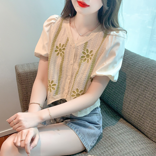 RM12874#蕾丝刺绣镂空针织开衫夏季女士衬衫2023新款设计感小众短款...