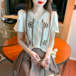 RM12874#蕾丝刺绣镂空针织开衫夏季女士衬衫2023新款设计感小众短款上