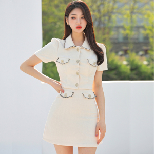 TR30678# 新款两件套夏季韩版修身小外套时尚收腰包臀短裙套装女