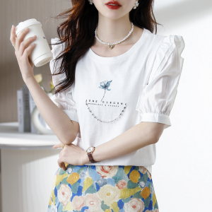 RM12630#纯棉圆领设计感T恤女2023年夏季新款印花泡泡袖短袖宽松上衣