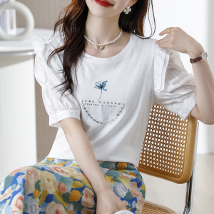 RM12630#纯棉圆领设计感T恤女2023年夏季新款印花泡泡袖短袖宽松上衣