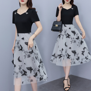 RM12540#拼接假两件方领网纱连衣裙女2023夏季新款短袖中长裙子