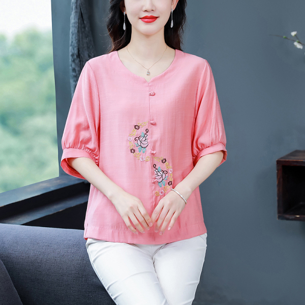 RM14475#夏季新款时尚气质复古中年妈妈重工刺绣圆领套头小衫女