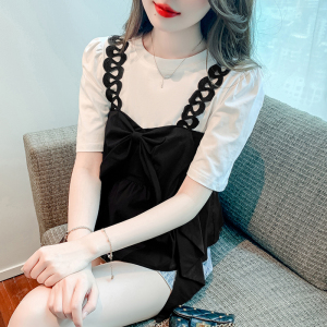 TR32923# 夏季新款减龄显瘦黑色蝴蝶结吊带短袖T恤两件套上衣 服装批发女装批发服饰货源