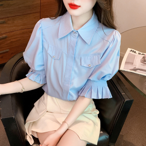 TR30541# 蓝色短袖衬衫女夏季新款法式小众高级设计感泡泡袖气质上衣