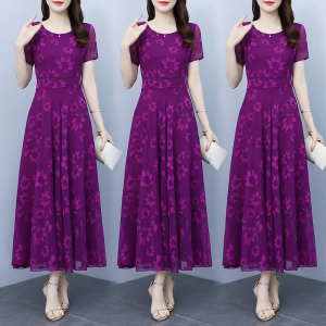 RM13559#紫色提花气质连衣裙长款女2023夏季新款显瘦短袖奢华超长裙
