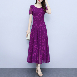 RM13559#紫色提花气质连衣裙长款女2023夏季新款显瘦短袖奢华超长裙