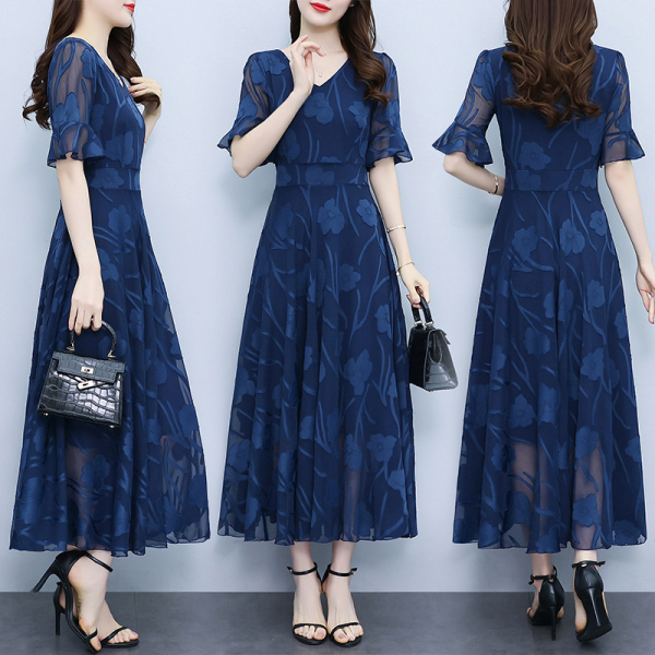 RM13561#藏蓝色裙子质感高级感连衣裙2023夏装显瘦雪纺提花裙气质大...