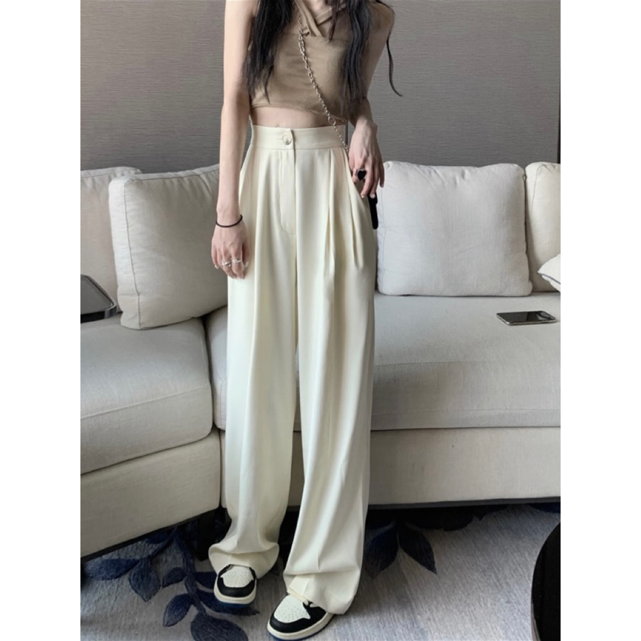 Real shot!  Korean style chic retro Hong Kong style high waist drape trousers for women loose slimming suit pants casual pants