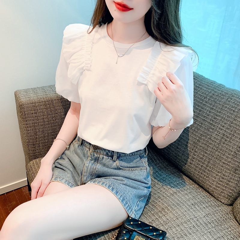白色泡泡袖短袖襯衫女設計感小眾高級感獨特別致絕美上衣法式夏款
