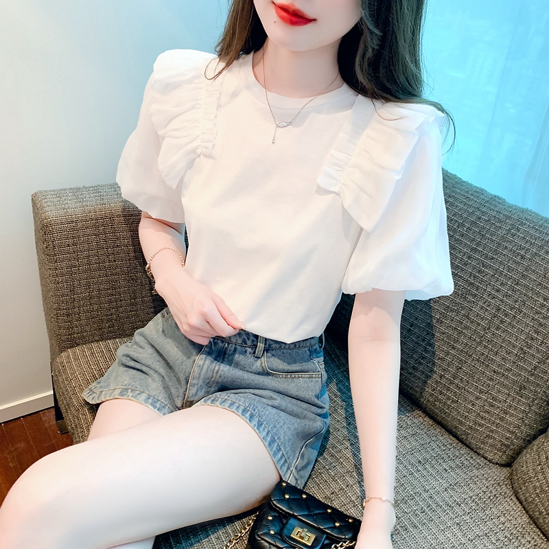 白色泡泡袖短袖襯衫女設計感小眾高級感獨特別致絕美上衣法式夏款