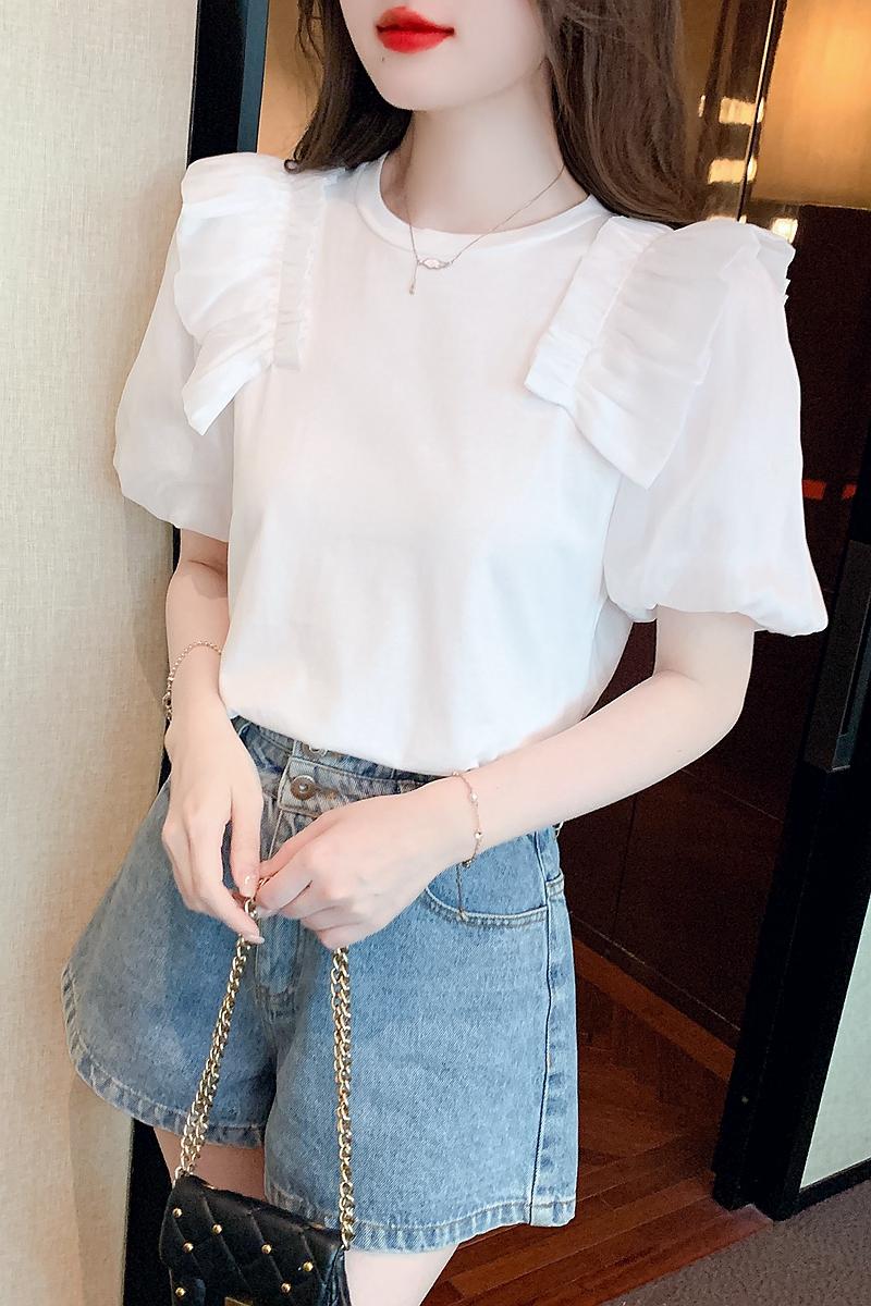 白色泡泡袖短袖襯衫女設計感小眾高級感獨特別致絕美上衣法式夏款