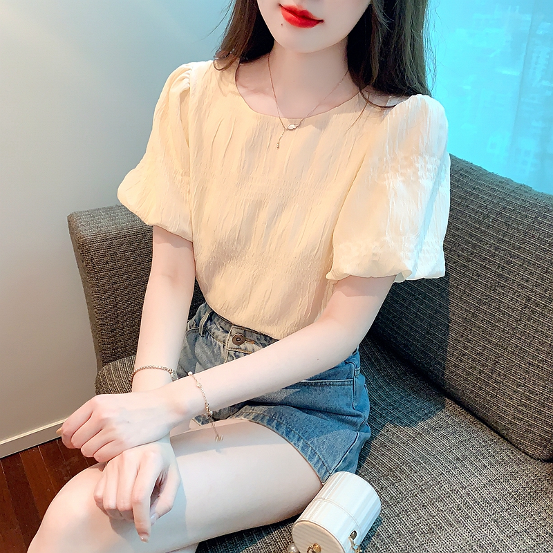 2026夏季新款甜美氣質短袖設計感花苞袖圓領套頭褶皺上衣