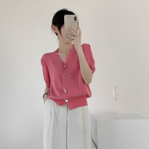 TR33358# 法式冰丝针织开衫女夏季粉色短袖T恤设计感小众泡泡袖上衣 服装批发女装批发服饰货源