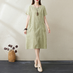 RM16246#夏季大码棉麻提花简约宽松型短袖中长裙