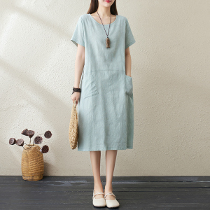 RM16246#夏季大码棉麻提花简约宽松型短袖中长裙