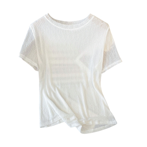 RM18441#大码遮肚蕾丝网纱女夏季短袖圆领t恤洋气减龄夏天上衣简约