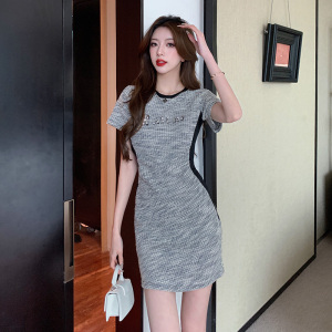 RM21349#休闲裙子女夏季小个子欧货高级感气质修身短袖T恤连衣裙