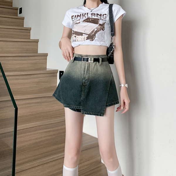 RM14376#渐变高腰设计感A字牛仔裤裙女2023新款时尚洋气甜酷假两件...
