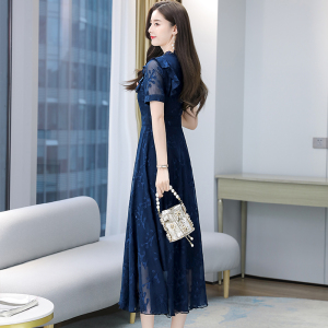 RM13455#夏季新款高档提花连衣裙短袖气质修身中长裙女