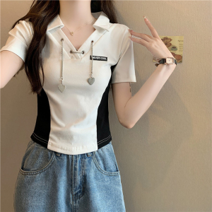 RM12657#纯棉夏季新款美式复古撞色V领纯欲上衣设计小众短款T恤女