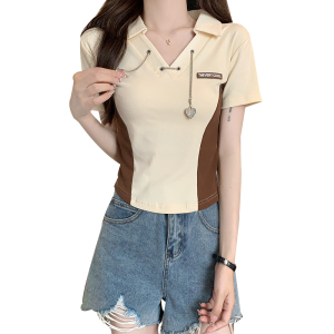 RM12657#纯棉夏季新款美式复古撞色V领纯欲上衣设计小众短款T恤女