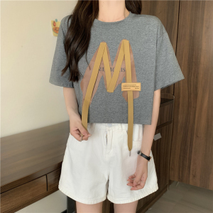 RM12658#纯棉后包领夏季新款设计感飘带字母宽松圆领短款短袖T恤女
