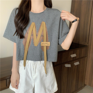 RM12658#纯棉后包领夏季新款设计感飘带字母宽松圆领短款短袖T恤女