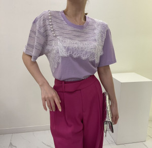 TR37616# 韩版珍珠蕾丝拼接短袖T恤 服装批发女装批发服饰货源