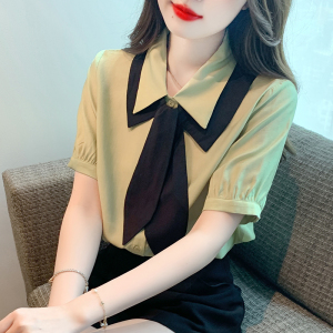 TR32467# 夏季新款韩版减龄学院风领带衬衫设计感百搭短袖衬衫 服装批发女装批发服饰货源