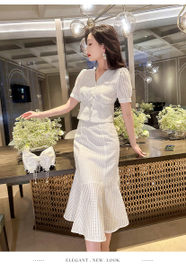 TR31842# 轻纱舞气质两件套裙装新款夏季白色上衣鱼尾裙套装