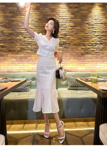 TR31842# 轻纱舞气质两件套裙装新款夏季白色上衣鱼尾裙套装