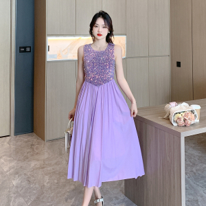 RM15831#夏季新款法式温柔风珠片拼接无袖背心设计连衣裙