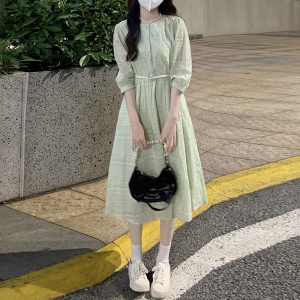 RM14309#新款夏季时尚显瘦气质法式桔梗茶歇收腰纯色连衣裙