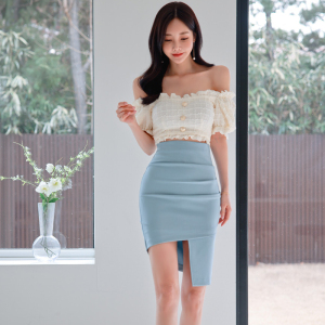 TR30632# 夏季新款韩版简约修身不规则裙显瘦气质抹胸一字肩露腰连衣裙