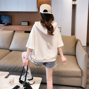 RM12768#后包领华夫格韩版中长款连帽小众夏季短袖T恤女