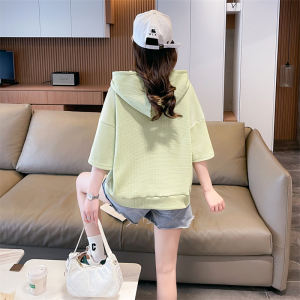 RM12768#后包领华夫格韩版中长款连帽小众夏季短袖T恤女