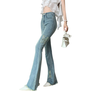 RM12505#刺绣烫钻牛仔裤女夏季高腰时尚显瘦百搭毛边微喇叭长裤