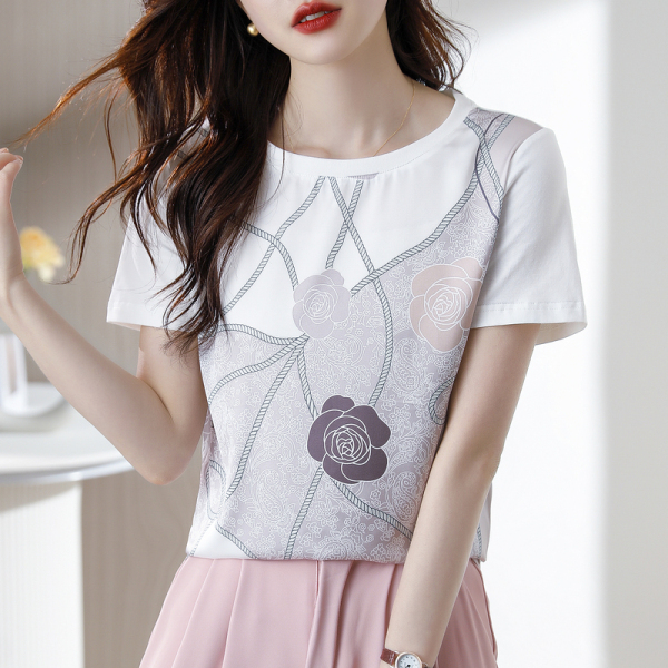RM12634#优雅印花短袖T恤女2023年夏季新款气质洋气百搭显瘦上衣