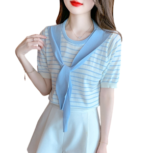 RM19211#夏新款韩版简约假两件条纹冰丝短袖T恤休闲洋气小衫减龄上衣