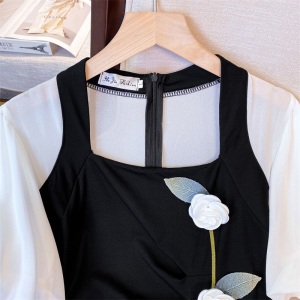 RM12440#大码女装天丝罗马重工业绣花花朵黑白拼接时尚修身淑女连衣裙