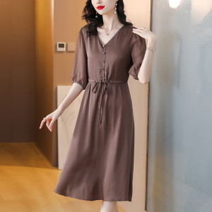 RM12464#高端夏装新款真丝连衣裙中老年女时尚V领桑蚕丝裙子