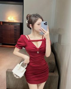 Off Shoulder V-Neck Bubble Sleeve Sexy Hollow Bow Strap Show Chest Fold Wrap Hip Dress