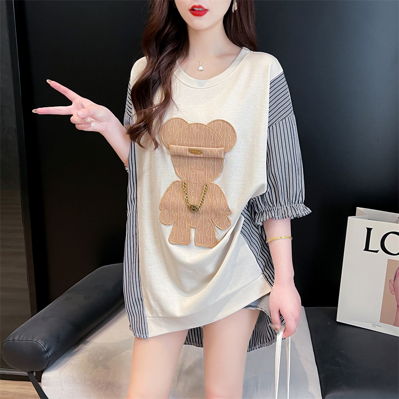 Real shot shaking sound quality pure cotton chiffon three-dimensional embroidery bear short-sleeved T-shirt women's summer loose large size top