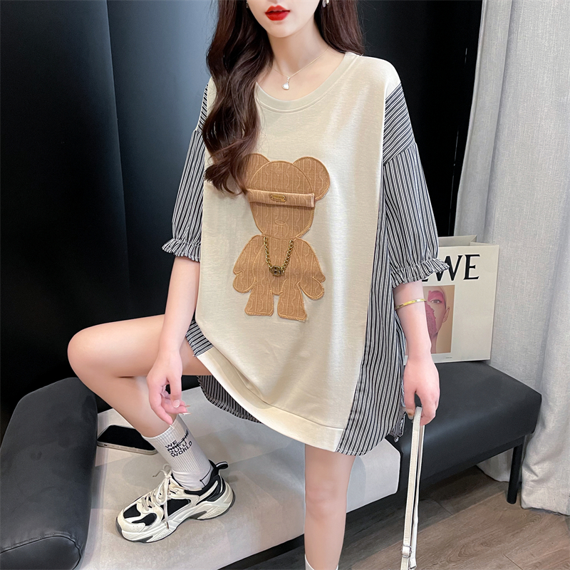 Real shot shaking sound quality pure cotton chiffon three-dimensional embroidery bear short-sleeved T-shirt women's summer loose large size top