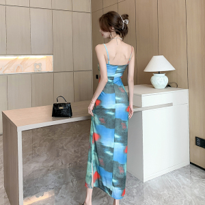 RM23886#纯欲风辣妹复古落日扎染印花抹胸长裙显瘦吊带连衣裙女