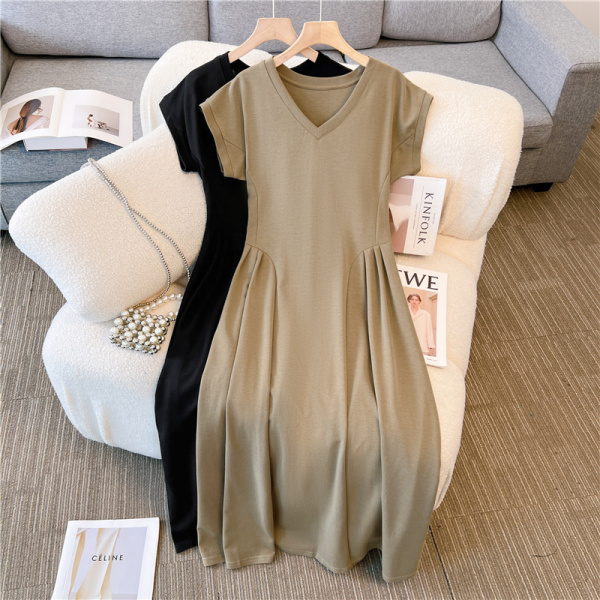 RM12804#大码女装胖M夏装新款韩版设计感V领气质收腰显瘦高级感连衣裙